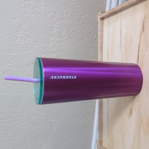 Starbucks Cold Iced Tumbler Metal Coffee Cup 24oz Straw Purple Teal - Picture 1 of 4